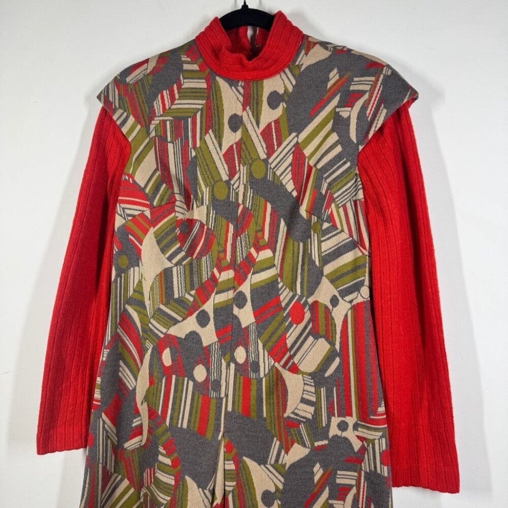 Vintage 60s 70s Red Geometric Print Long Sleeve Zip Back Retro Midi Dress - Picture 4 of 14